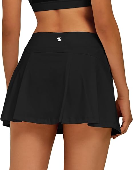 Women Tennis Skirt Golf Skorts Athletic High Waisted with Pockets Inner Shorts Sport Workout Pleated Pickleball - Black