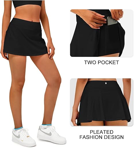 Women Tennis Skirt Golf Skorts Athletic High Waisted with Pockets Inner Shorts Sport Workout Pleated Pickleball - Black