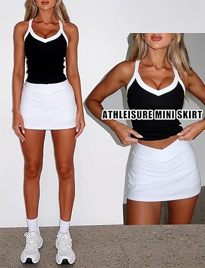 Waisted Golf Skort Tennis Skirt for Women Bodycon Mini Skirt Short Pickleball Athletic Skirt with Shorts - White