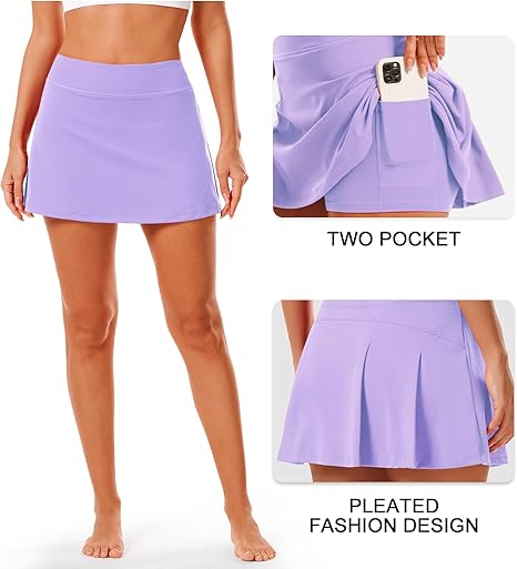 Women Tennis Skirt Golf Skorts Athletic High Waisted with Pockets Inner Shorts Sport Workout Pleated Pickleball - Purple