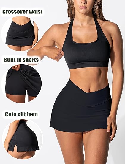 Waisted Golf Skort Tennis Skirt for Women Bodycon Mini Skirt Short Pickleball Athletic Skirt with Shorts - Black