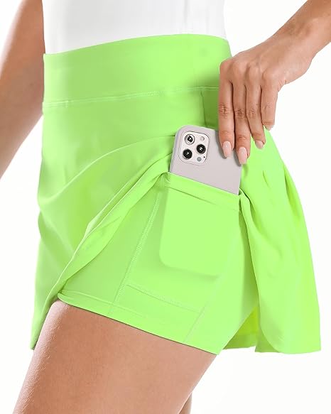 Women Tennis Skirt Golf Skorts Athletic High Waisted with Pockets Inner Shorts Sport Workout Pleated Pickleball - Green